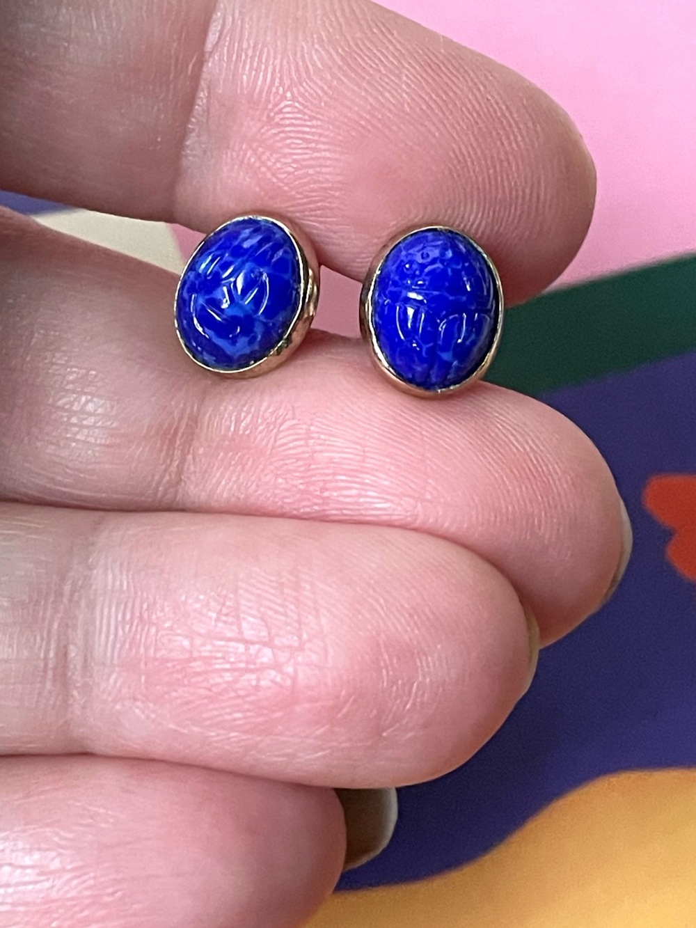 Vintage goldtone & blue glass? scarab post earrings Egyptian Revival boho